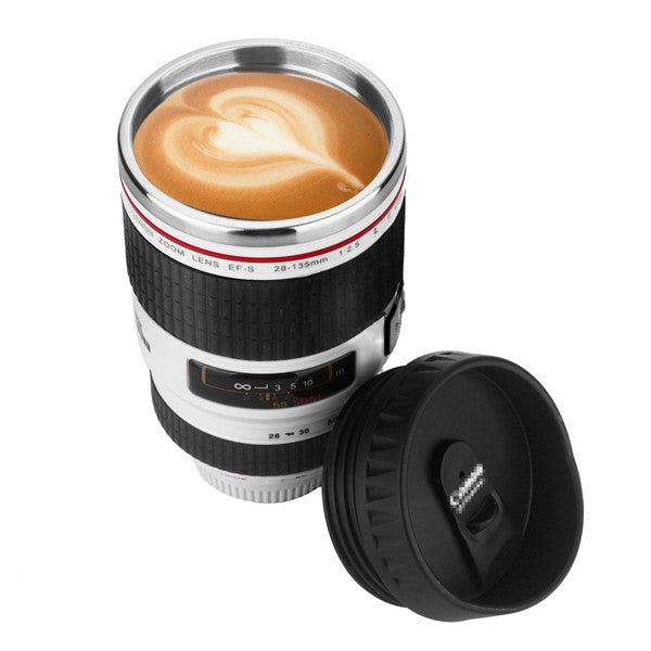 DSLR Camera Lens Stainless Steel Travel Coffee Mug with Leak-Proof Lid