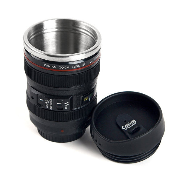 DSLR Camera Lens Stainless Steel Travel Coffee Mug with Leak-Proof Lid