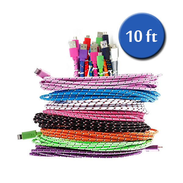 Extra Long (10 Ft) Fiber Cloth Sync & Charge USB Android Cable - Assorted Colors